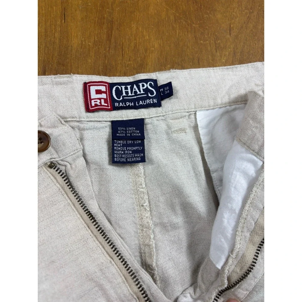 VINTAGE Chaps Ralph Lauren Pants Men 37x33 Beige Linen Blend Baggy Loose Trouser